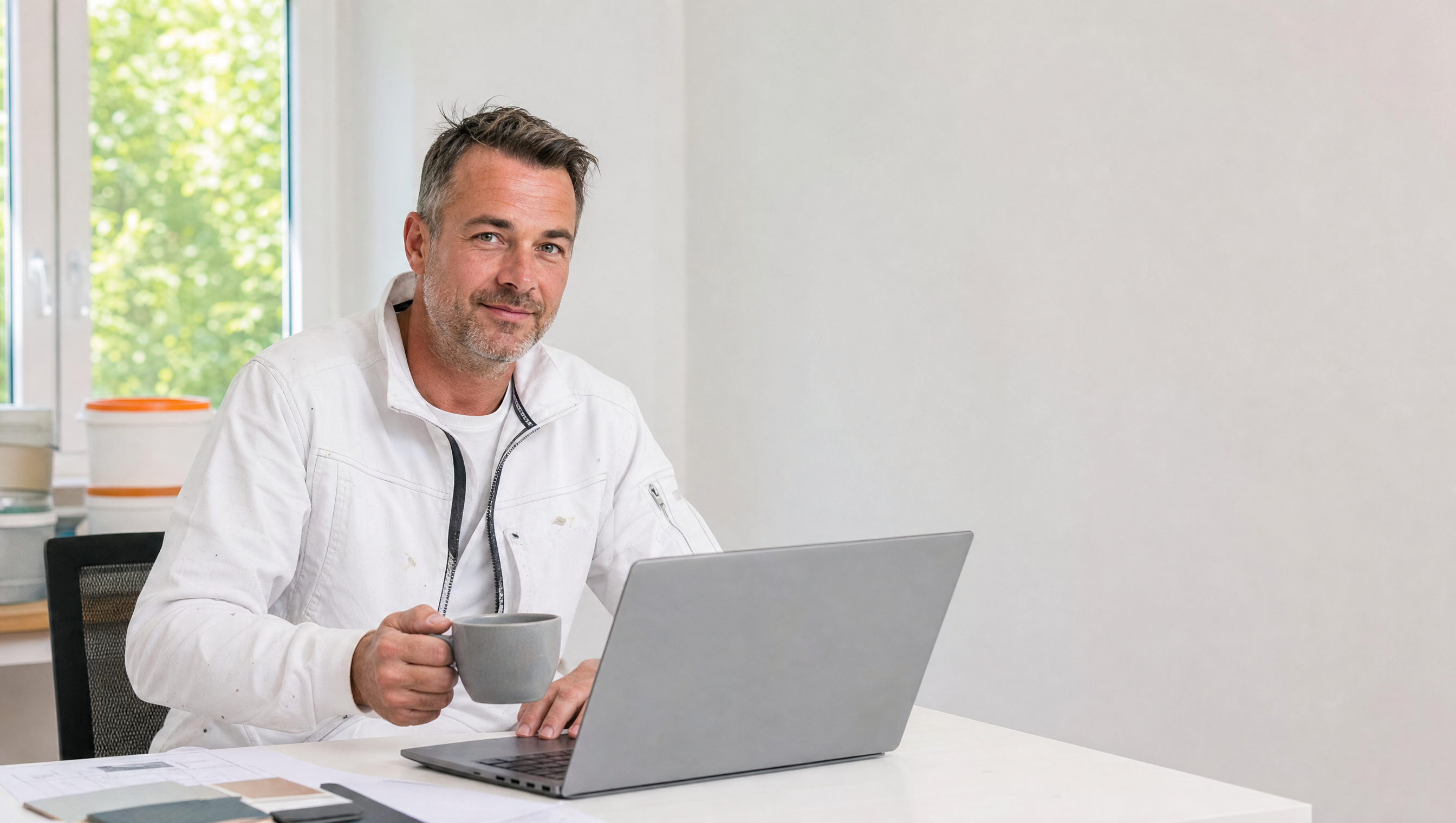 Maler arbeitet entspannt am Laptop im hellen Büro